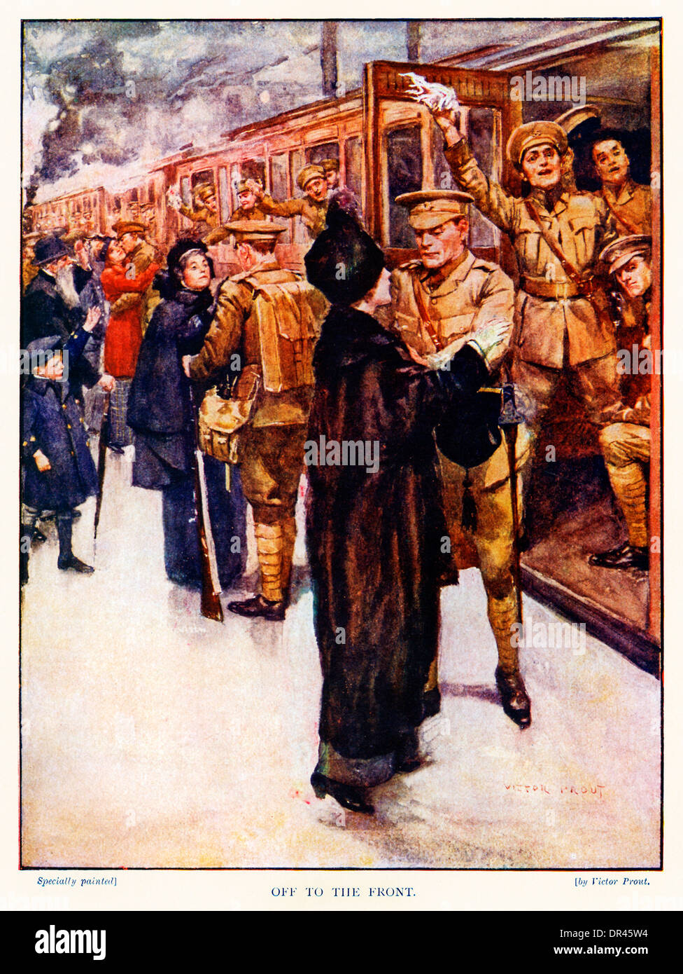 Off To The Front, 1915 illustration of wives, children and sweethearts saying goodbye to their loved ones at Victoria Station Stock Photo