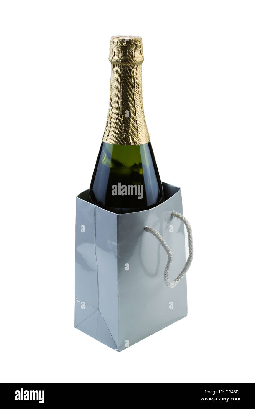 Vertical photo of an unopened bottle of wine in a gift bag isolated on