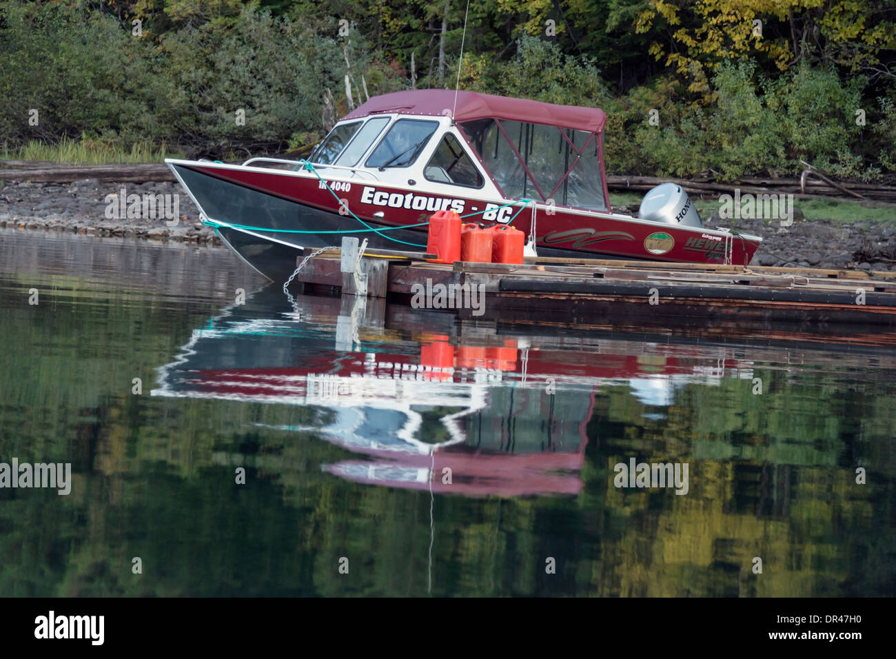 Ecotours BC aluminum boat on Quesnel Lake, Cariboo-Chilcotin region, British Columbia Stock Photo