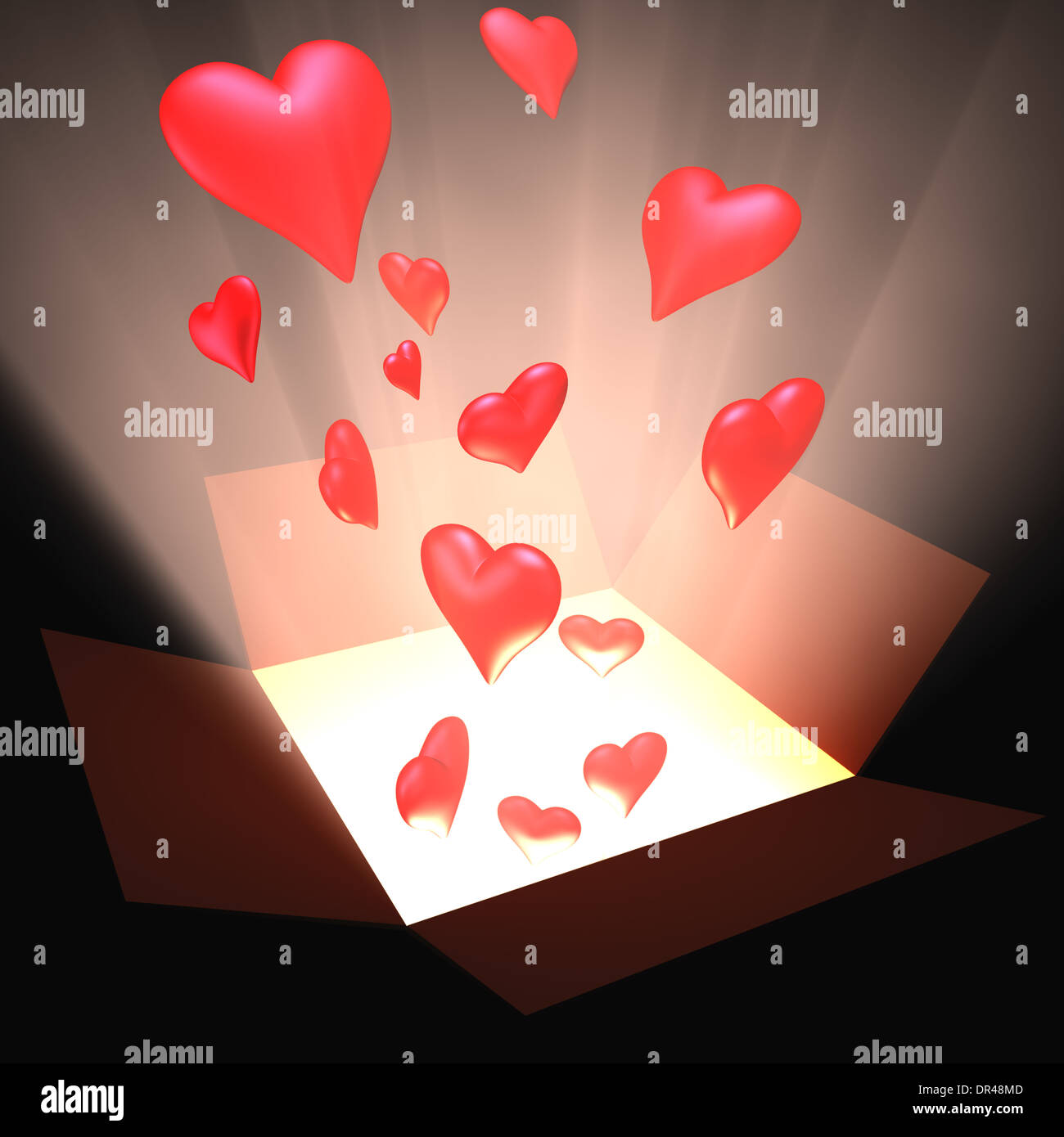 Open box with heart and light inside. Concept of love. Stock Photo