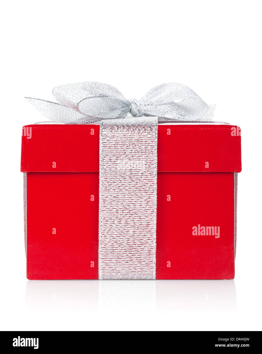 Red gift box with silver ribbon and bow. Isolated on white background ...