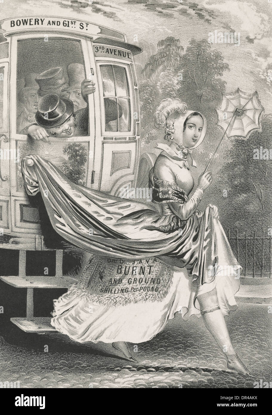 Inconvenience of wearing coffee bag skirts - A woman's dress is pulled up as she exits a streetcar, circa 1848 Stock Photo