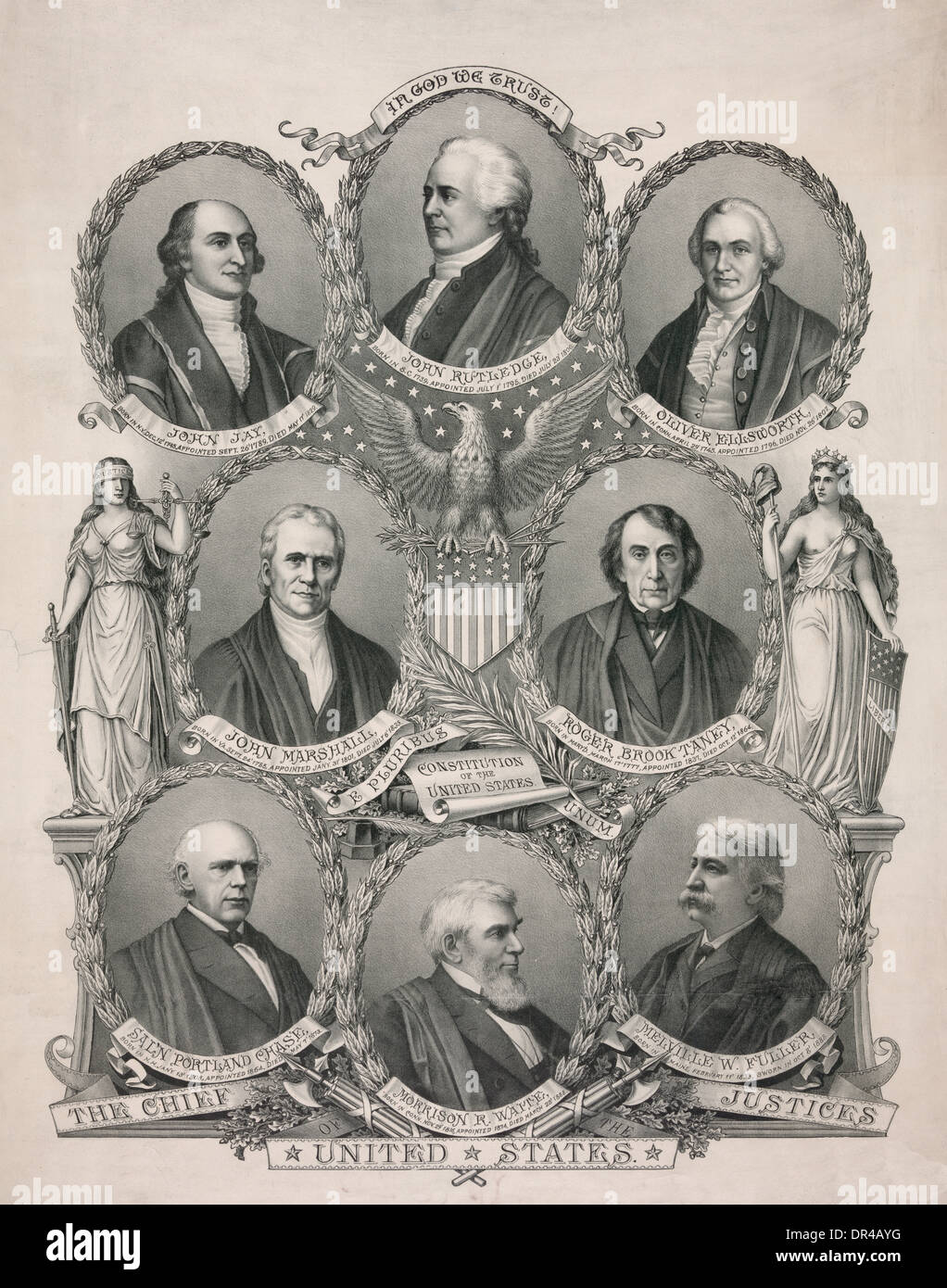 Head-and-shoulders portraits in ovals of the Chief Justices of the Supreme Court flanked by allegorical female figures of Justice and Liberty. Justices include: John Jay, John Rutledge, Oliver Ellsworth, John Marshall, Roger Brook Taney, Salmon Portland Chase, Morrison R. Watte and Melville W. Fuller, 1894 Stock Photo