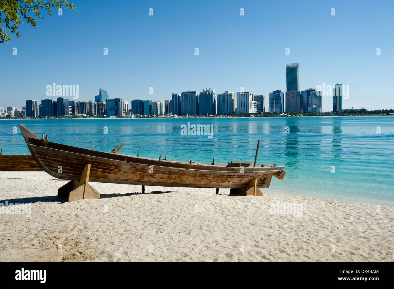 Wooden ship on beach in Dubai Stock Photo