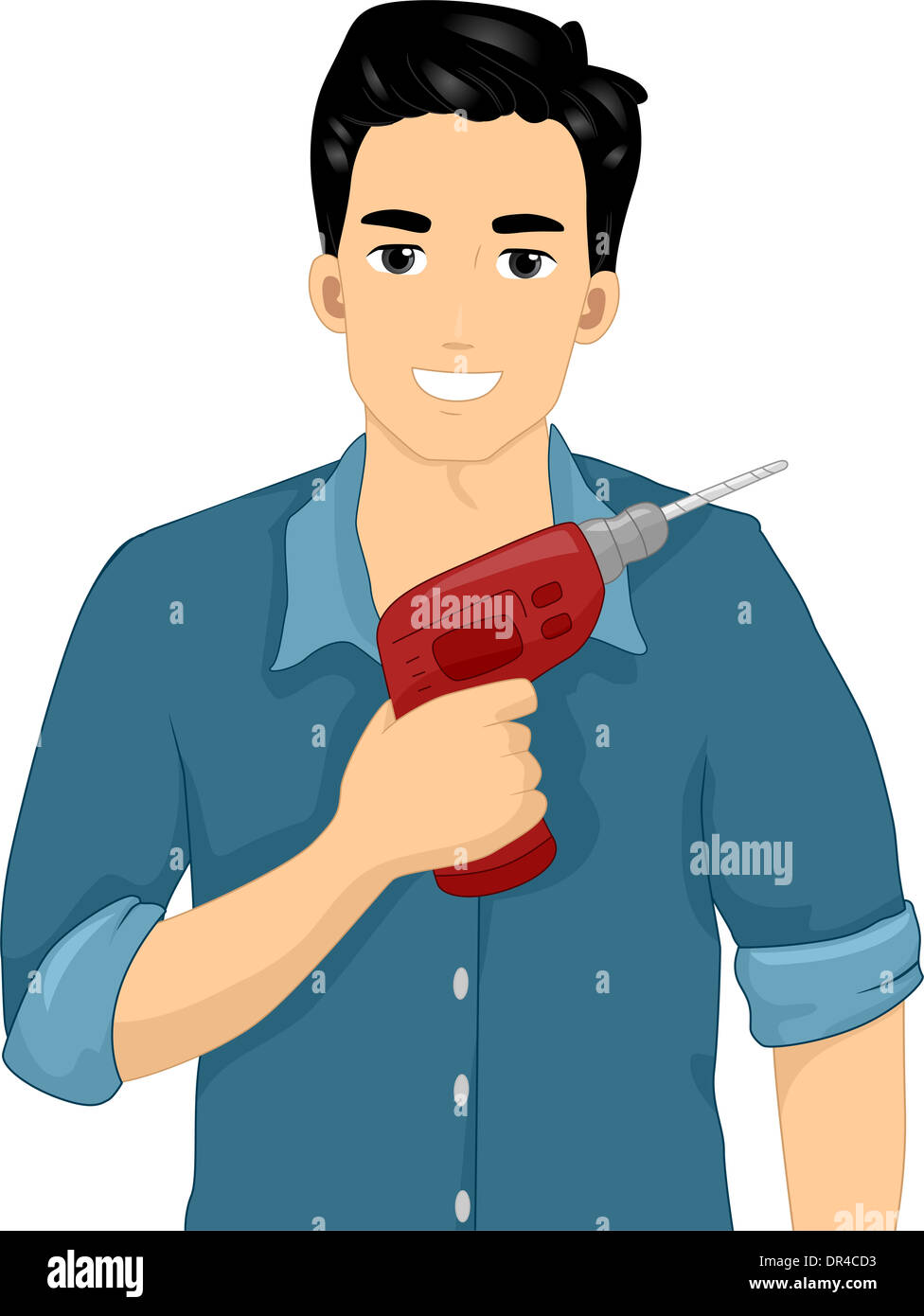 Illustration of an Attractive Man Holding a Red Drill Stock Photo