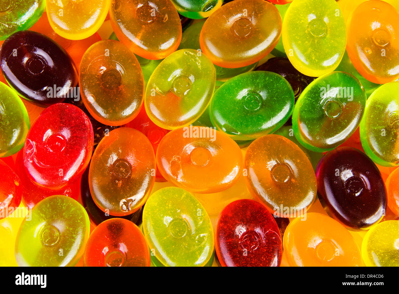 Close up on colorful boiled sweets. Up front view. Stock Photo