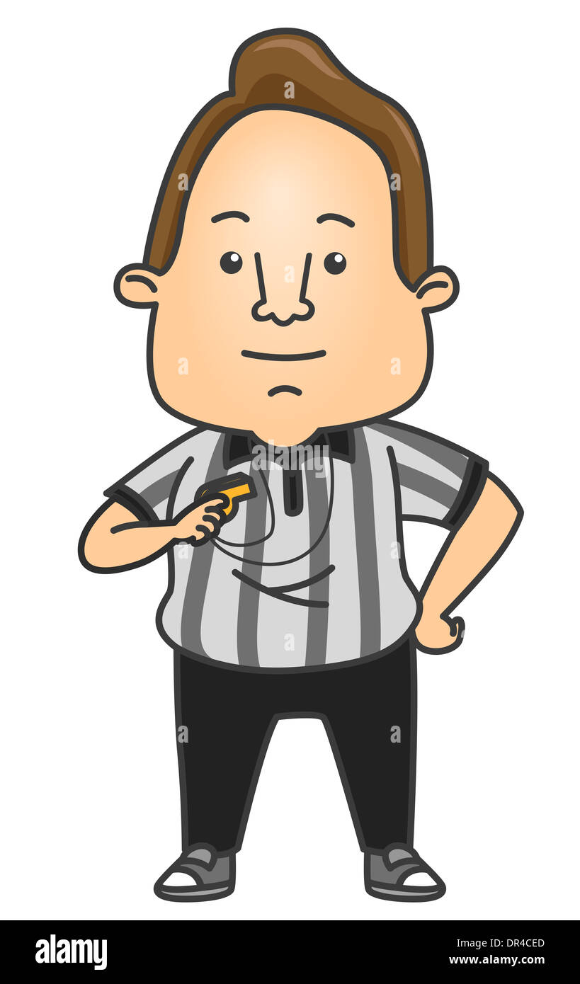 Illustration of a Man Wearing a Referee Uniform Holding a Whistle Stock