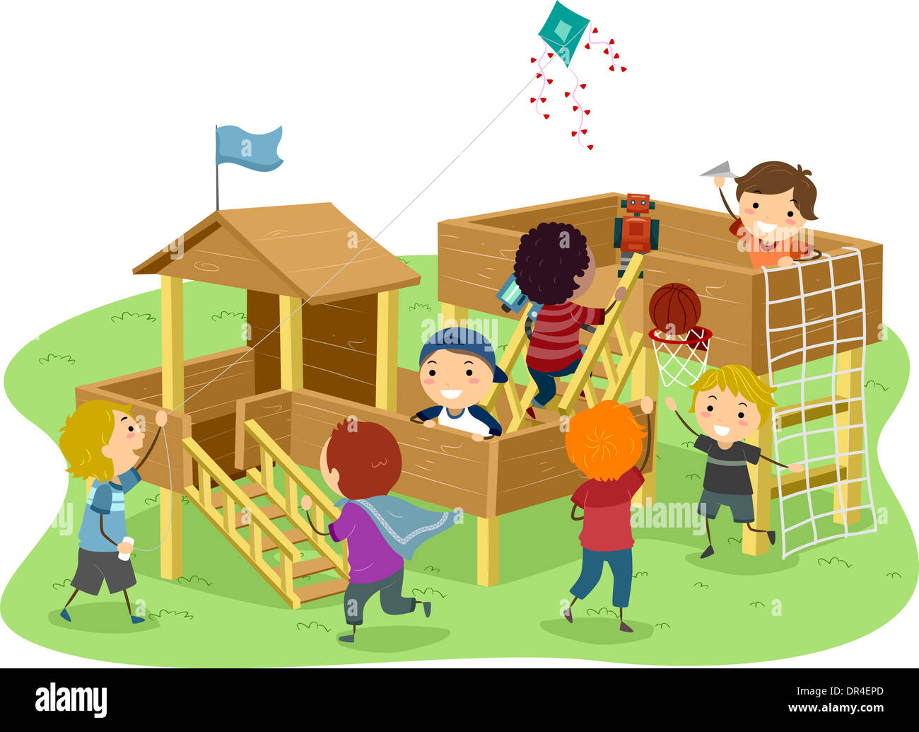 Stickman Illustration Featuring Boys Playing in a Wooden Playhouse