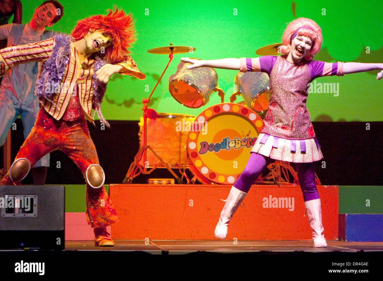 Feb 11, 2009 - Oshawa, Ontario, Canada - Playhouse Disney's featured Doodle Bops - DeeDee Doodle in pink, Moe Doodle in orange and Rooney Doodle in blue along with the Doodle Bop dancers - deliver humor, comedy and wonderful music geared to be a young child's (typically 3 to 6 yrs of age) first rock concert experience. The Doodle Bops perform in their Doodle Bops LIVE concert tour  Stock Photo