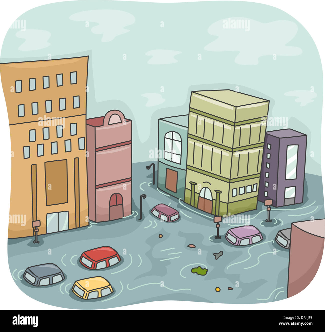 Illustration of a Flooded City with Cars Floating Around Stock Photo