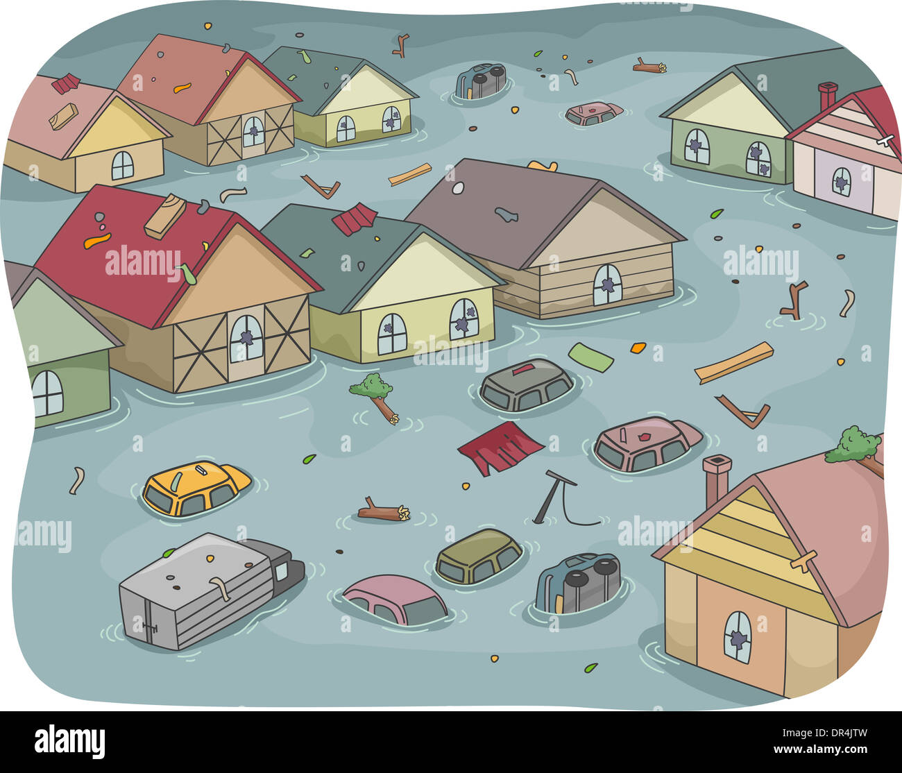 Illustration of a Flooded City with Partially Submerged Houses and Vehicles Stock Photo