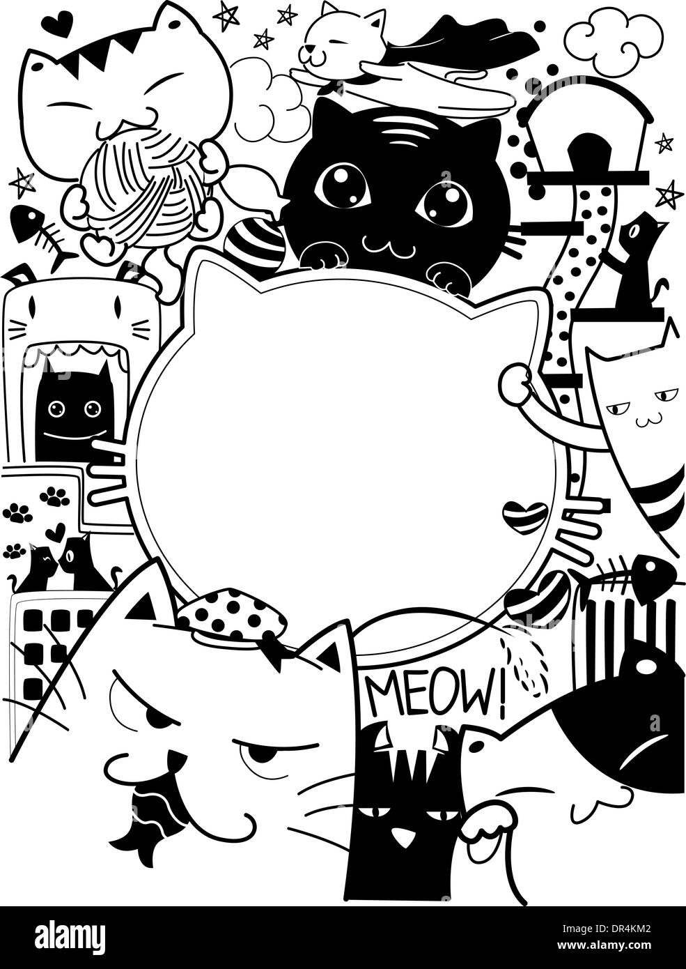 Black and White Doodle Illustration Featuring Cute Cat Antics Stock Photo