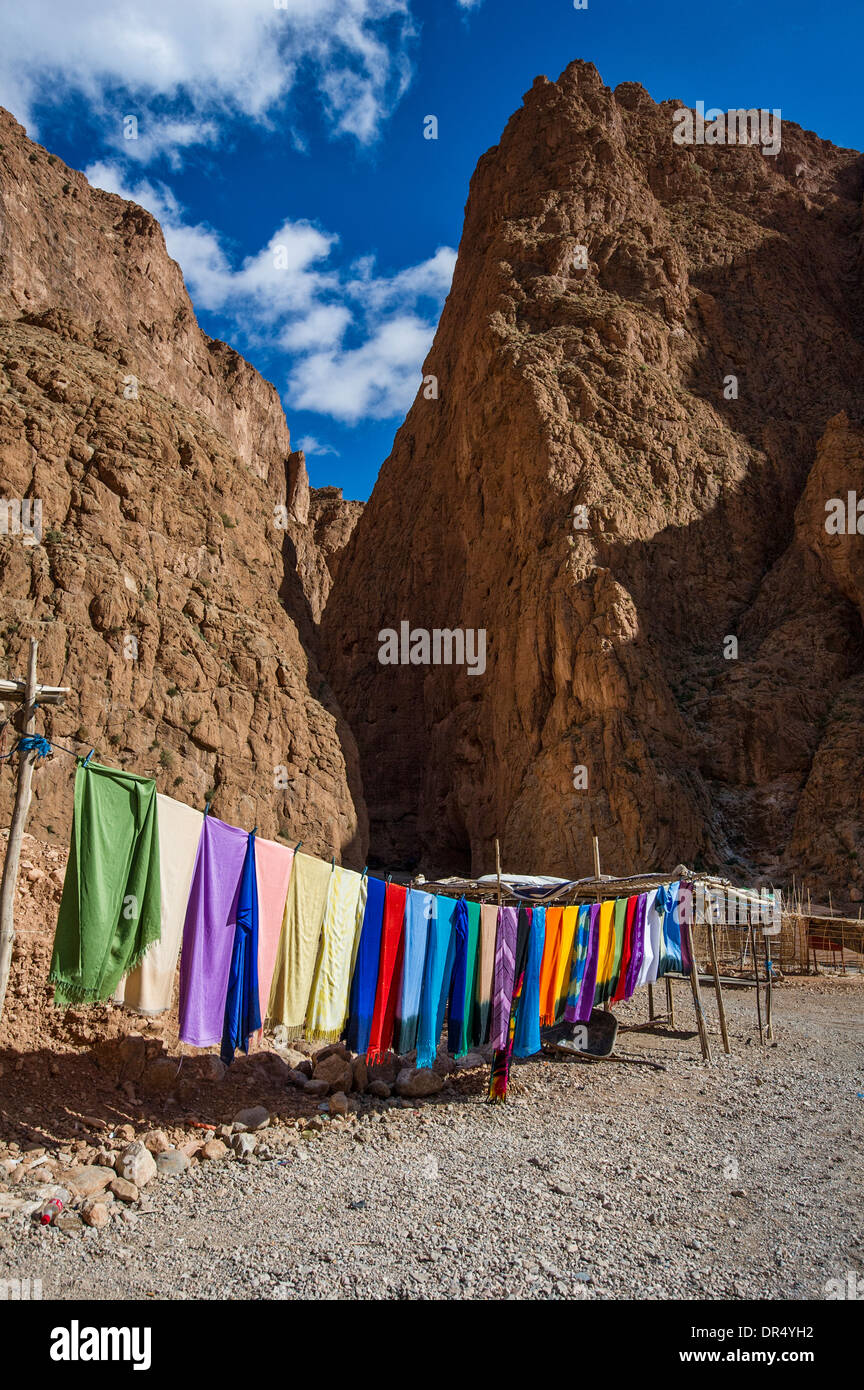 Colorful cloths hanging at Todra Gorge Stock Photo