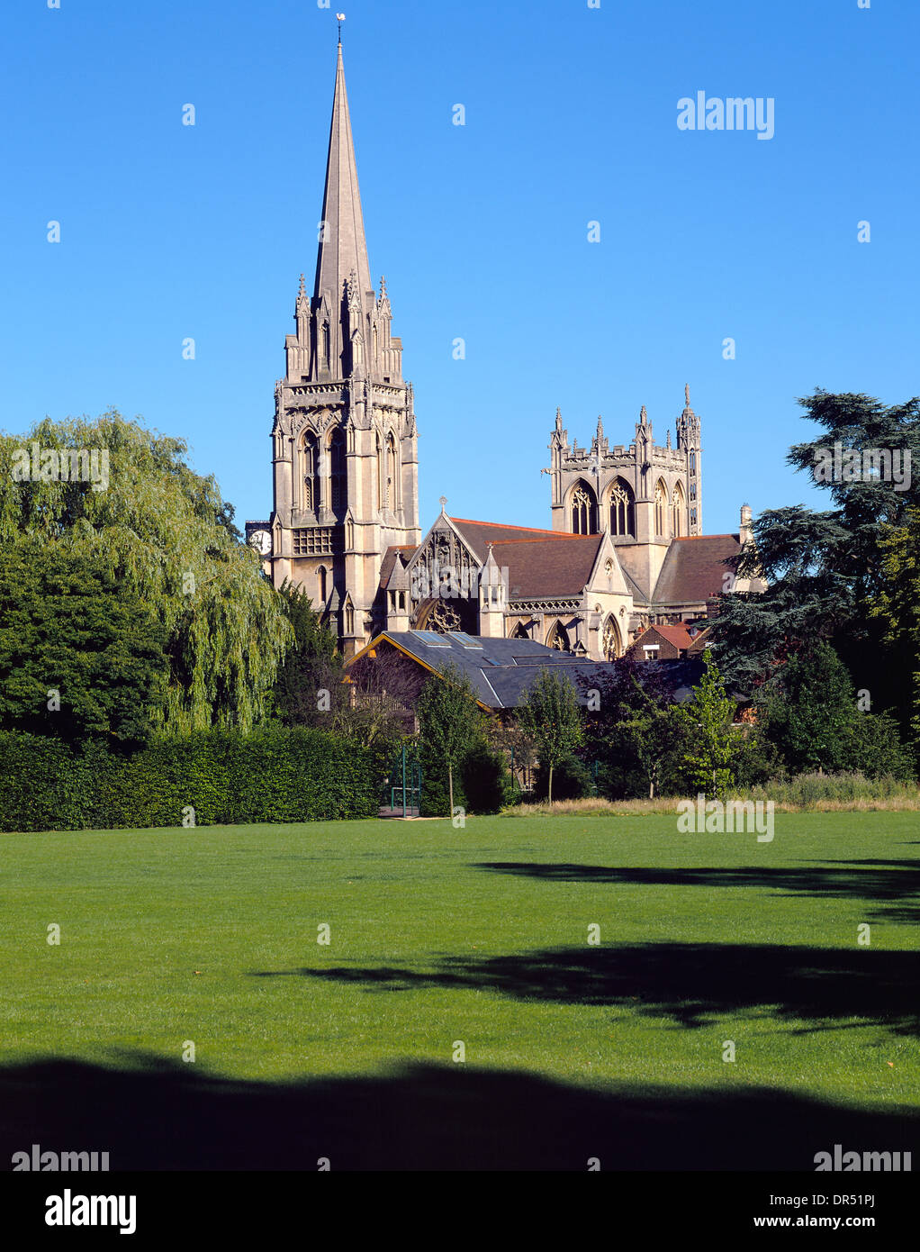 The tower and spire of the Catholic church of Our Lady & English Martyrs, Cambridge, UK. It was built in 1885 in the Gothic Revival style Stock Photo