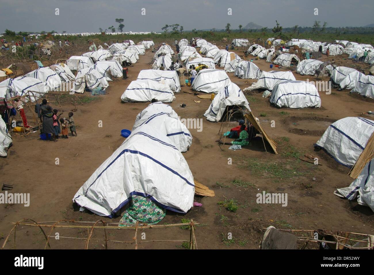 Tents in a refugee amp of Lira, Uganda, Africa during the civil war. The fighting in Uganda between the rebel force ( Lord Resistance Army or LRA and the Ugandan army (UPDF) has resulted in 100 thousands of displaced people in the north of Uganda. Stock Photo