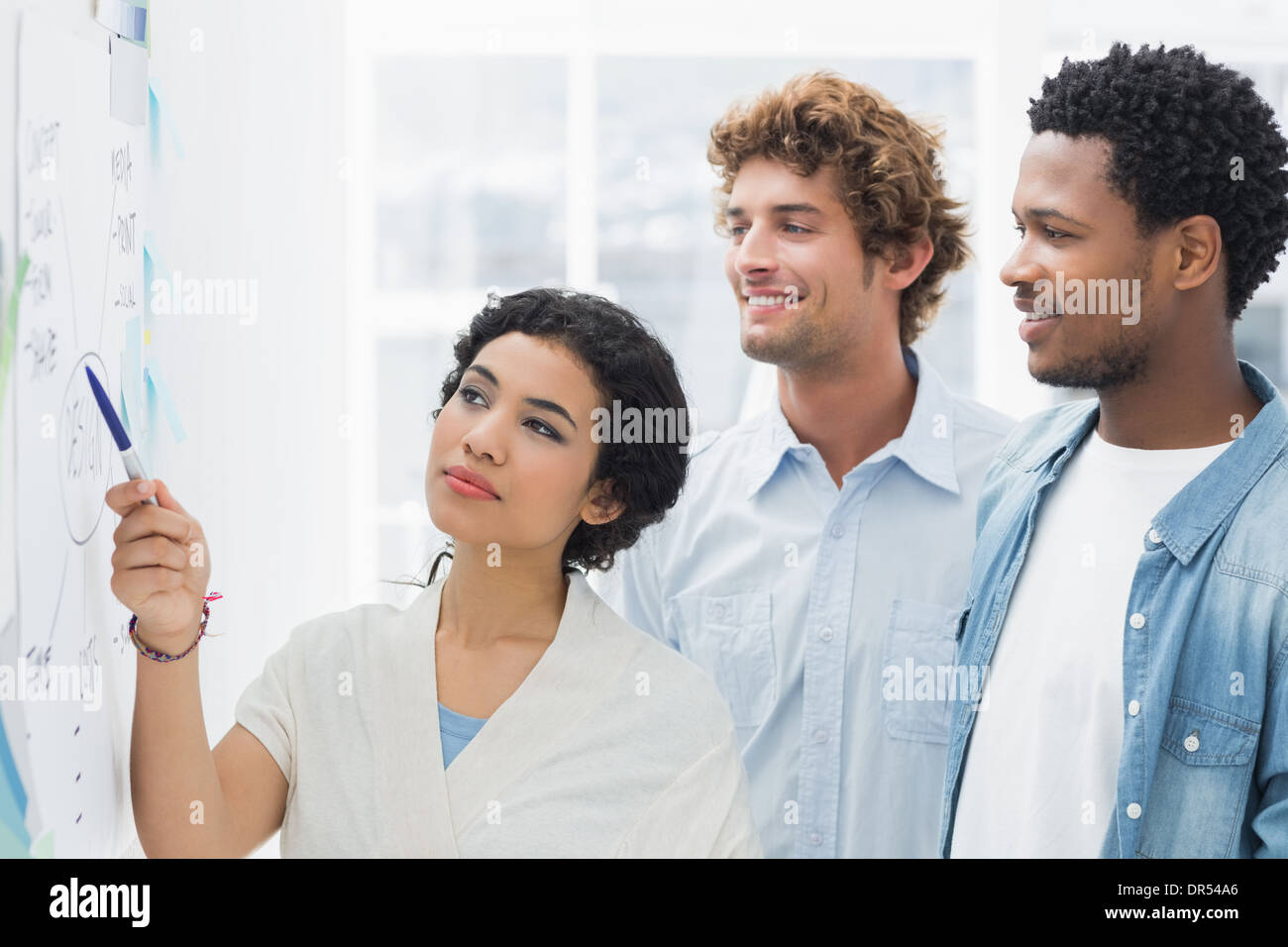 Artists in discussion in front of whiteboard Stock Photo