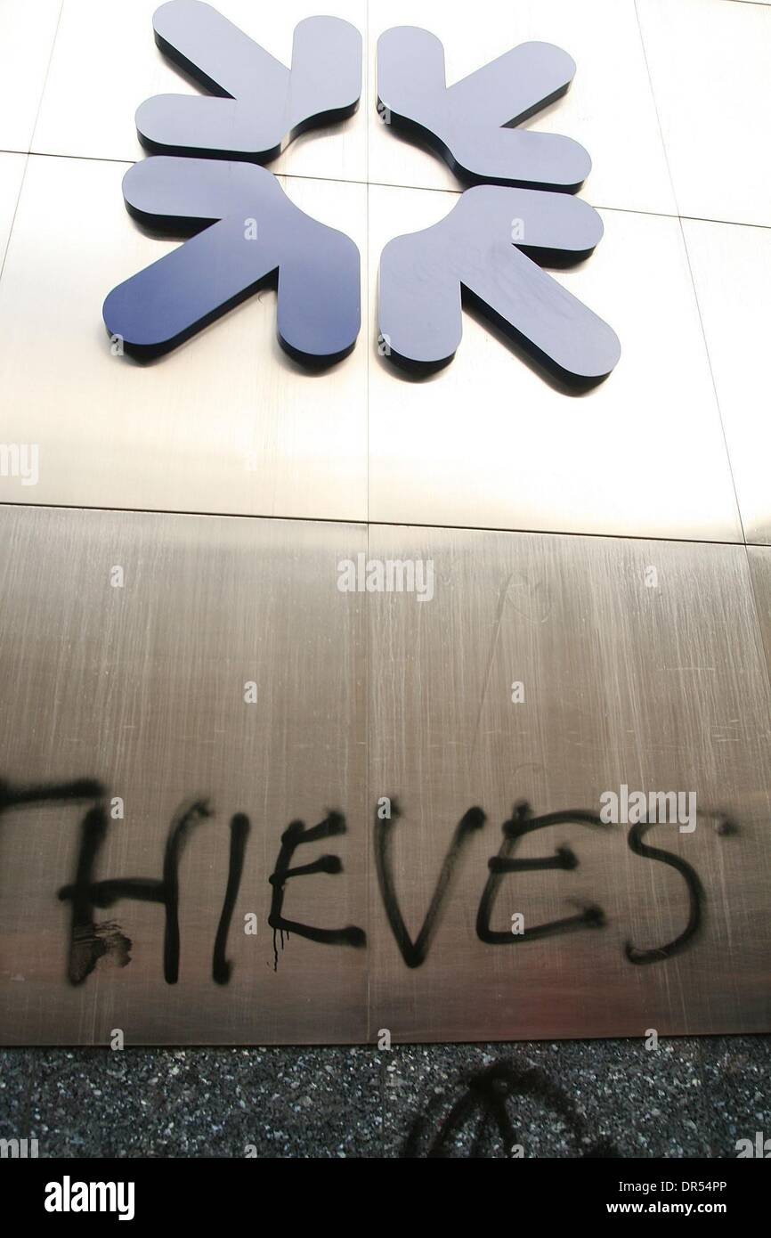 Apr 01, 2009 - London, England, United Kingdom - The word 'thieves' scrawled in graffiti under the bank logo.  Rioting at the Bank of Scotland takes place before the next G-20 Leaders' Summit on Financial Markets and the World Economy. It follows the first G-20 Leaders Summit, that took place in Washington D.C. last November. The venue of the Summit will be the ExCel Centre. Heads  Stock Photo