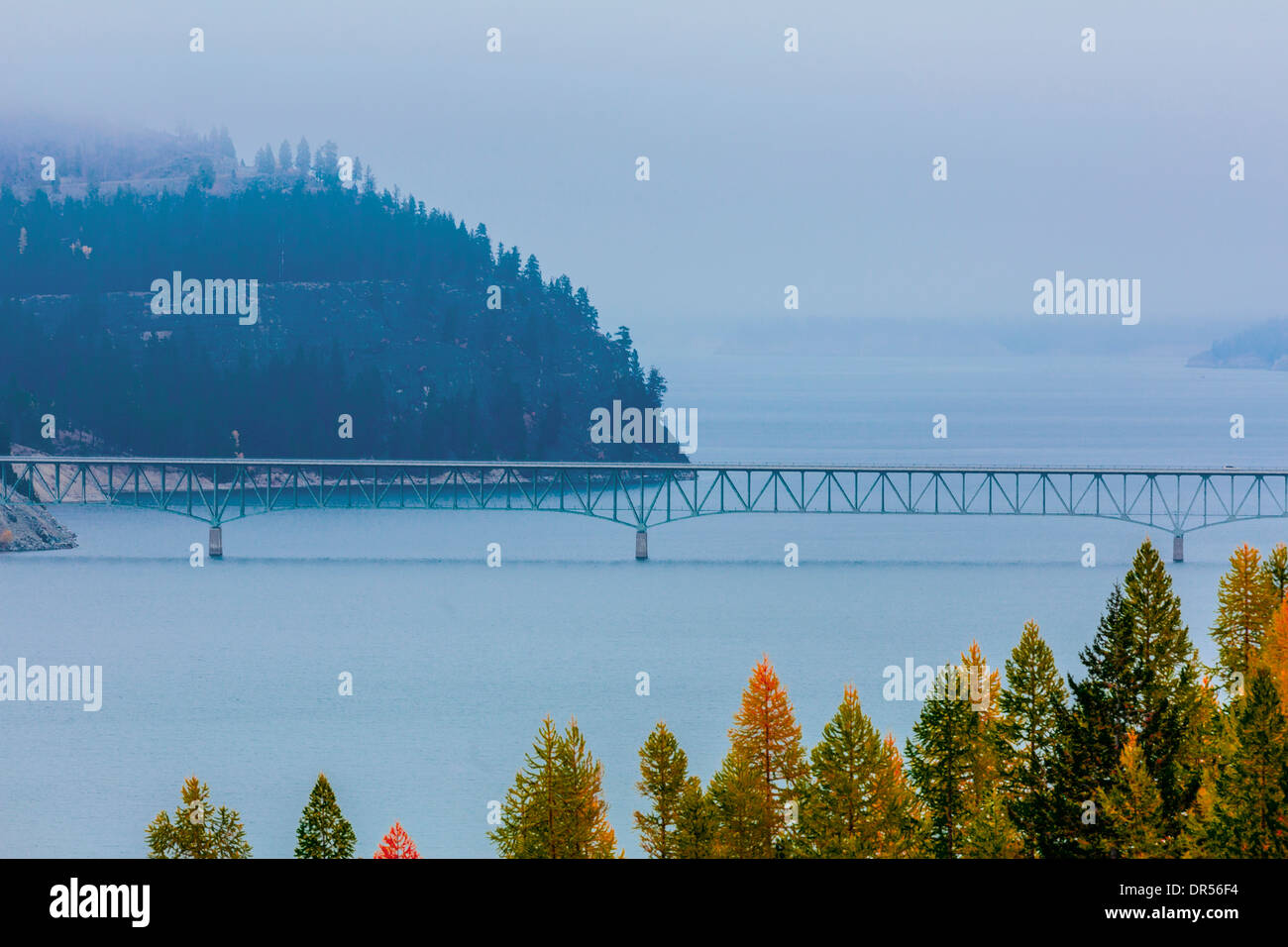 Bridge spanning river, Koocanusa Bridge, Rexford, Montana, United States Stock Photo