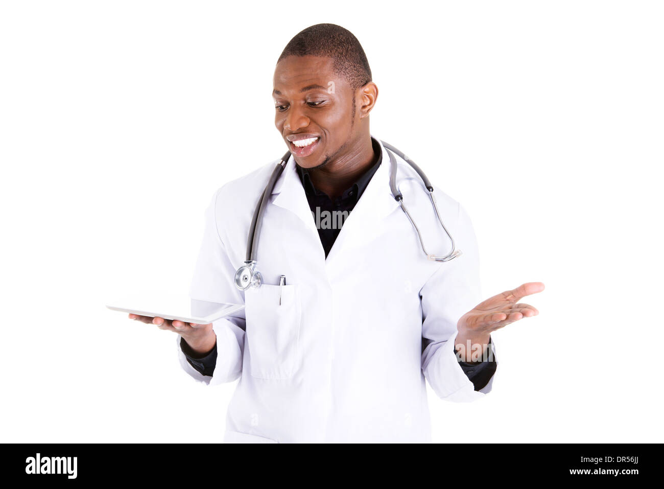 Smiling doctor using a tablet computer isolated on a white background Stock Photo