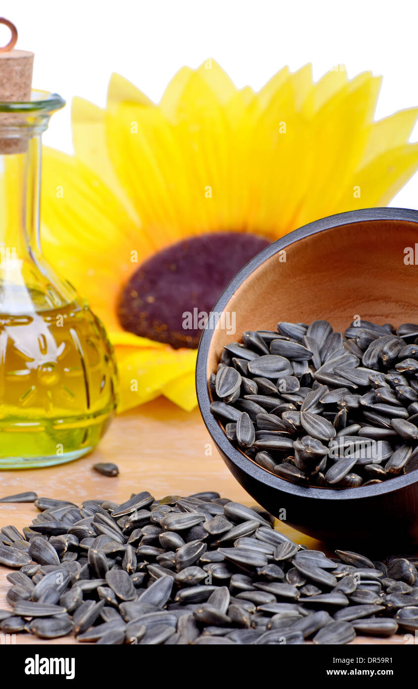 Sunflower seeds oil in a bottle Stock Photo