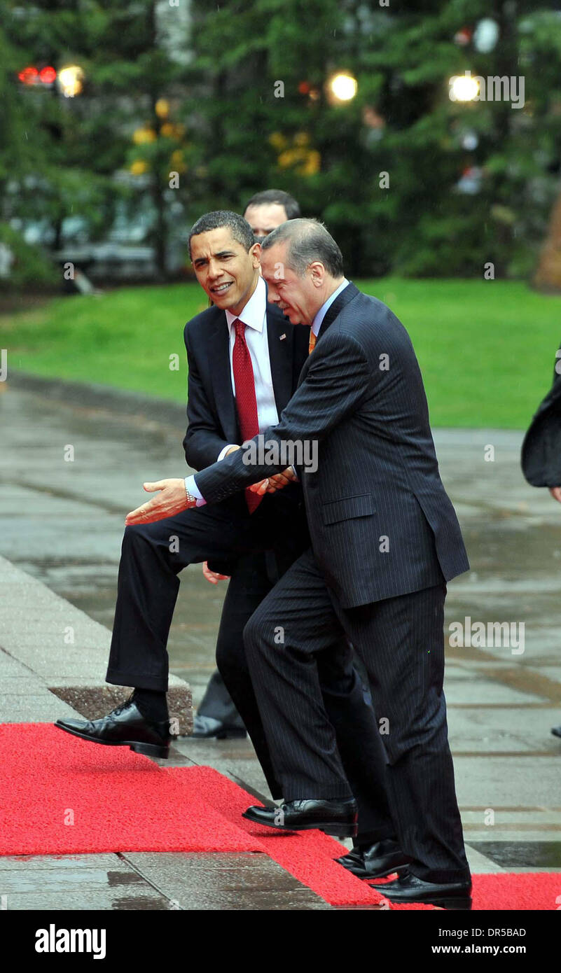 Apr 06, 2009 - Ankara, Turkey - U.S. President BARACK OBAMA (L) is welcomed by Turkish Prime Minister TAYYIP ERDOGAN before their meeting in Ankara, April 6, 2009. Obama's visit on the last leg of an eight-day trip that marks his debut as president on the world stage, is a recognition of the secular but predominantly Muslim country's growing clout and Washington's desire for its he Stock Photo