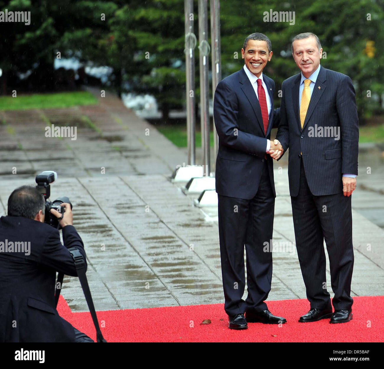 Apr 06, 2009 - Ankara, Turkey - U.S. President BARACK OBAMA (L) is welcomed by Turkish Prime Minister TAYYIP ERDOGAN before their meeting in Ankara, April 6, 2009. Obama's visit on the last leg of an eight-day trip that marks his debut as president on the world stage, is a recognition of the secular but predominantly Muslim country's growing clout and Washington's desire for its he Stock Photo