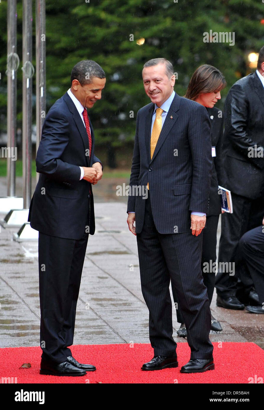 Apr 06, 2009 - Ankara, Turkey - U.S. President BARACK OBAMA (L) is welcomed by Turkish Prime Minister TAYYIP ERDOGAN before their meeting in Ankara, April 6, 2009. Obama's visit on the last leg of an eight-day trip that marks his debut as president on the world stage, is a recognition of the secular but predominantly Muslim country's growing clout and Washington's desire for its he Stock Photo