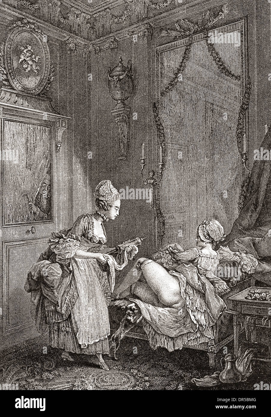 Medical enema, after a painting by P. A. Boudouin, 1770. Stock Photo