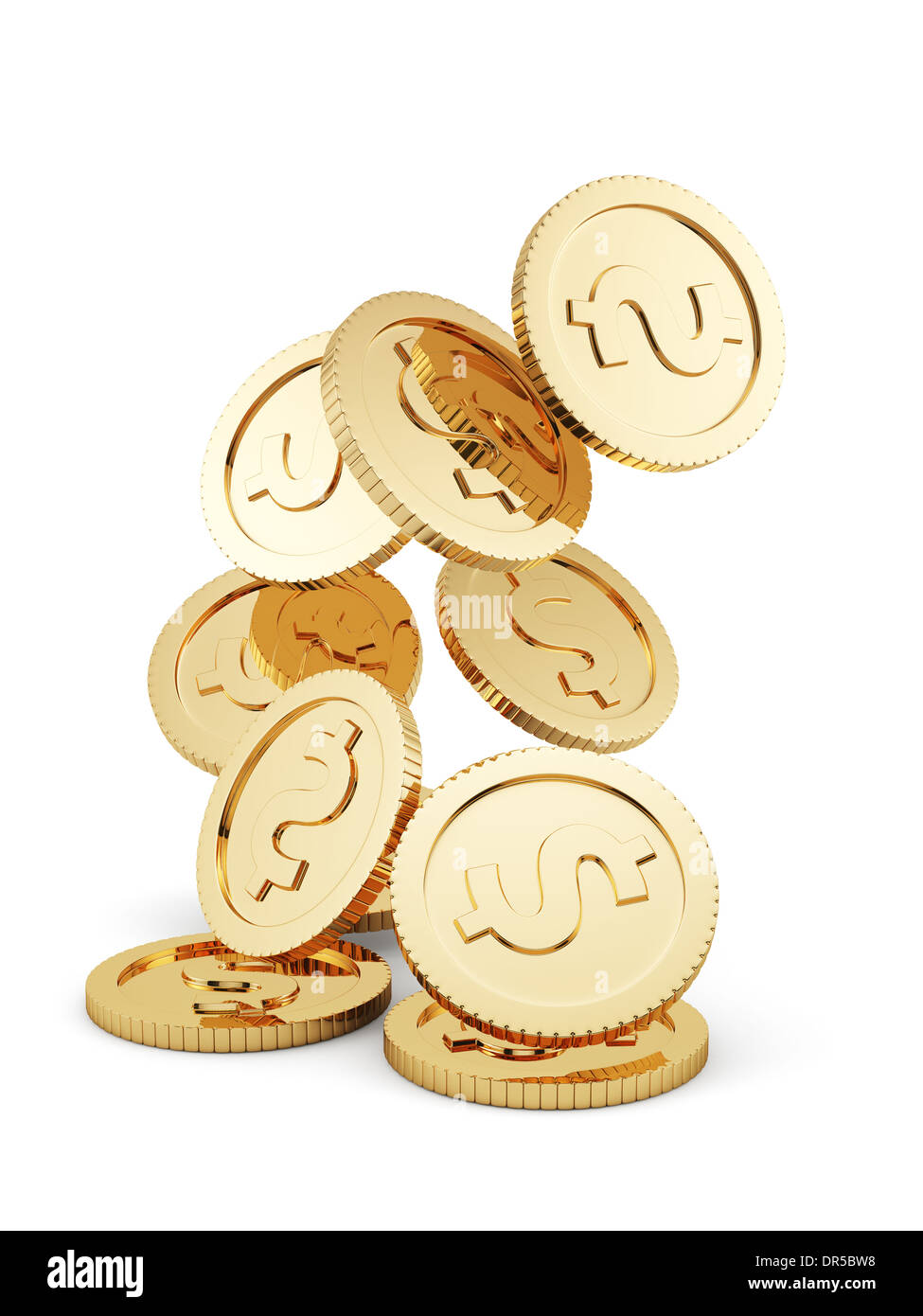 3d render of falling golden coins isolated on white background ...
