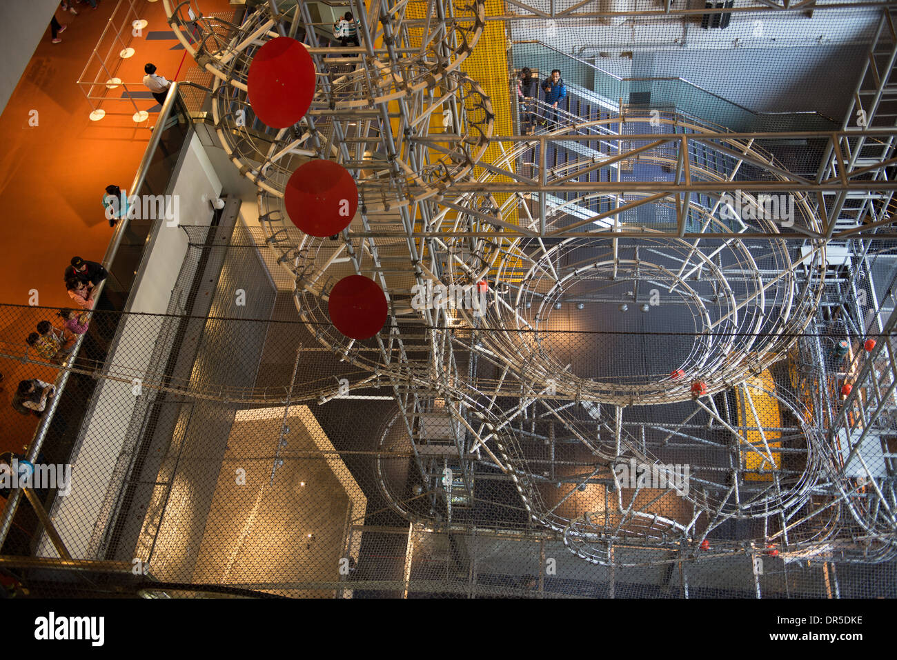 A giant energy conservation contraption using giant balls to demonstrate conservation of energy at the Science Museum Stock Photo