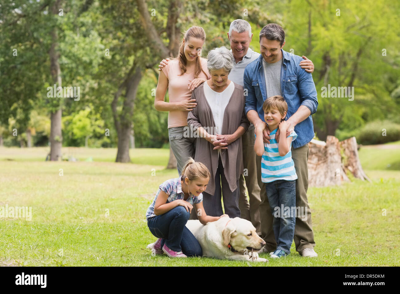 Extended family with their pet dog at park Stock Photo