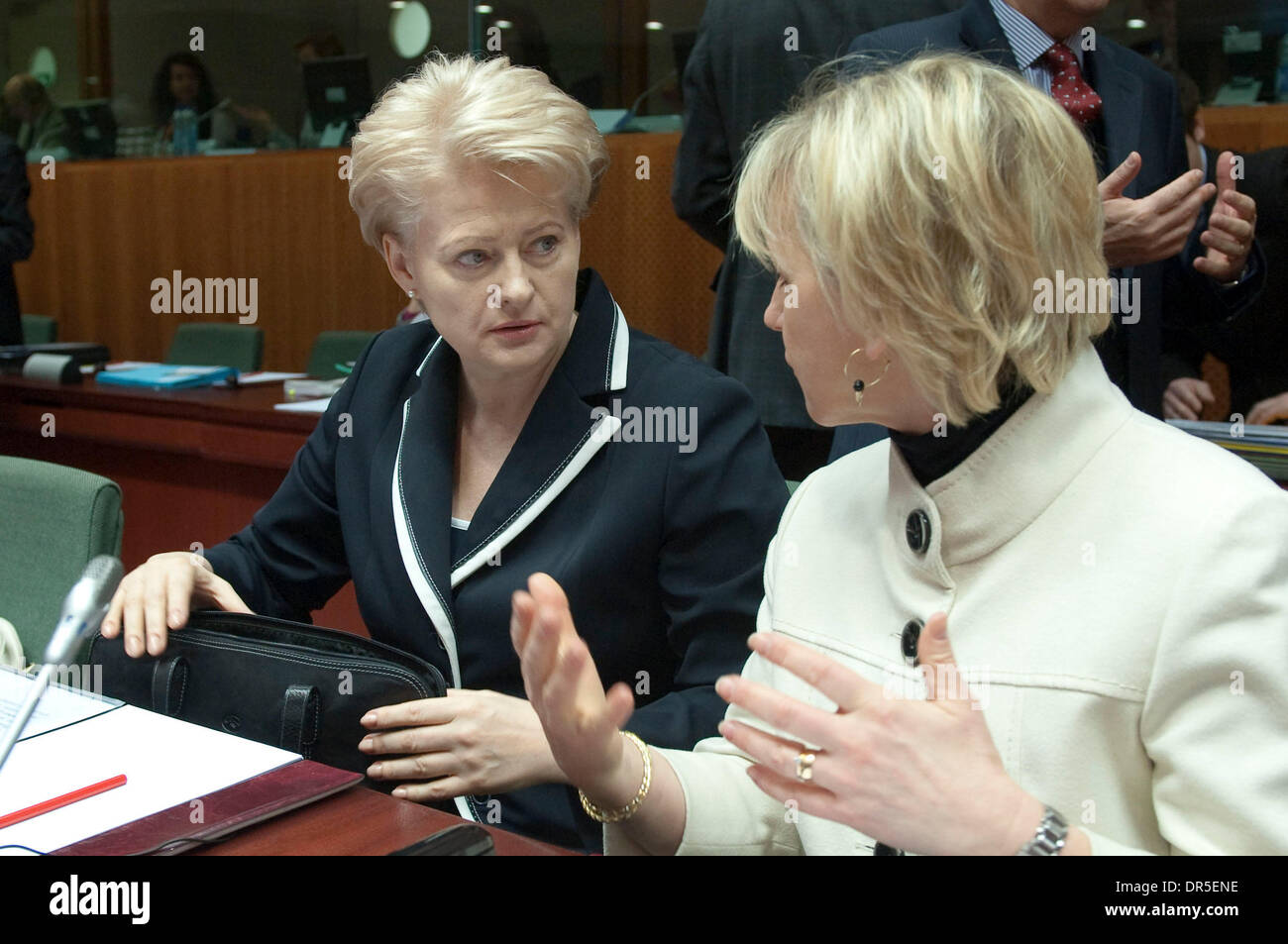 Mar 16, 2009 - Brussels, Belgium - EU Commissioner for financial programming and budget, Lithuanian, DALIA GRYBAUSKAITE (L) chats with MARGOT WALLSTROM prior to a General Affairs and External Relations (GAERC) Council at European Union (EU) headquarters. (Credit Image: © Wiktor Dabkowski/ZUMA Press) Stock Photo