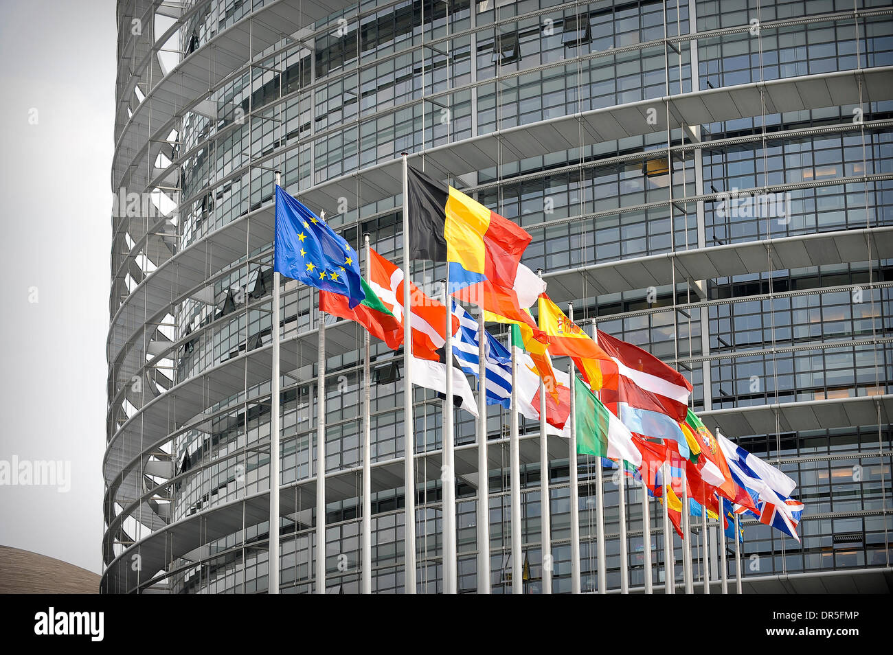 Flags in front of European Parliament headquarters in Strasbourg ...