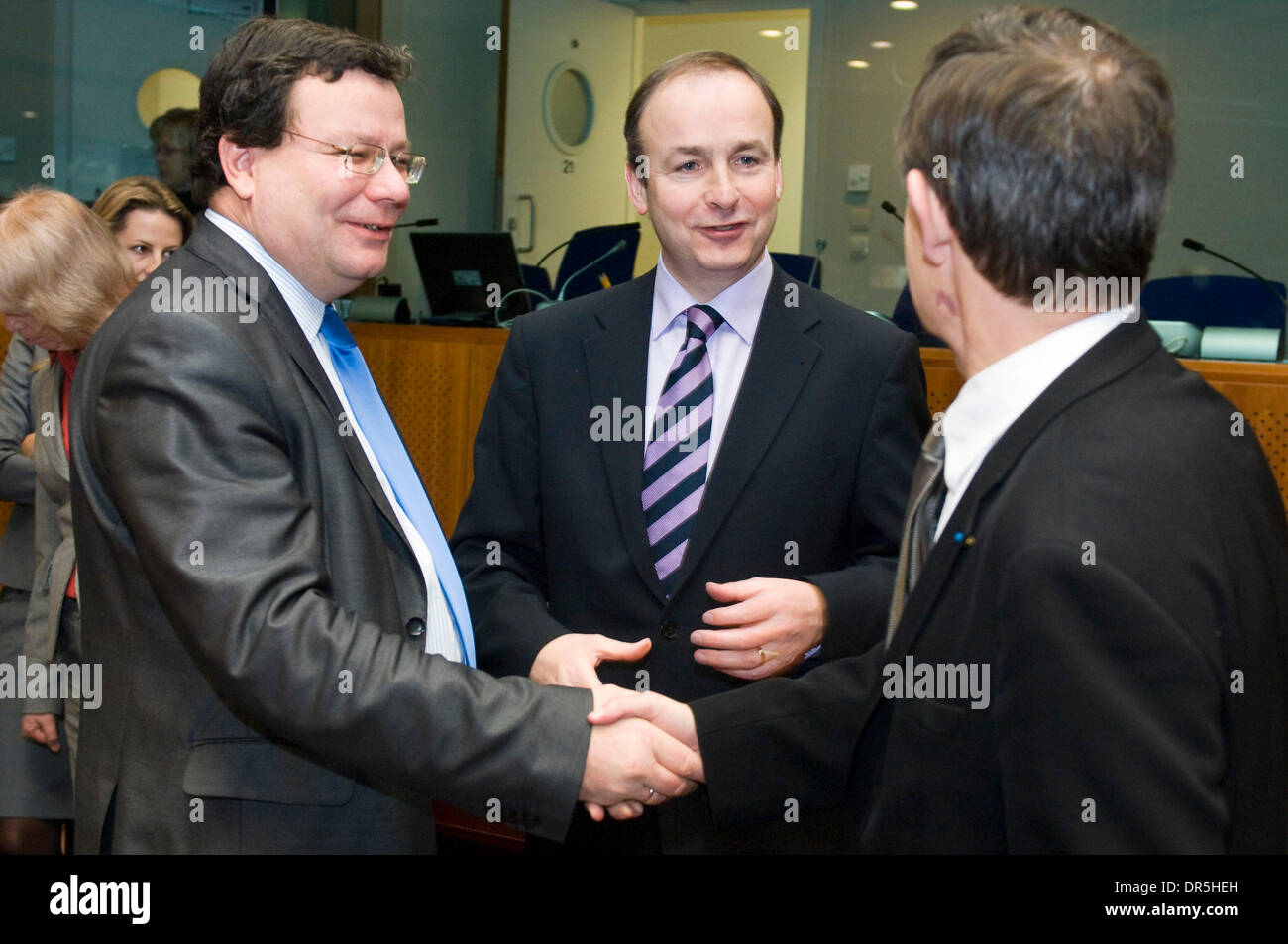 Dec 08, 2008 - Brussels, Belgium - Irish Foreign Minister MICHAEL MARTIN (C), Czech Deputy Prime Minister ALEXANDR VONDRA (L) and  French European Affairs State Secretary JEAN-PIERRE JOUYET pictured prior to a General Affairs and External Relations Council (GAERC) at European Council headquarters  in  Brussels, Belgium on 2008-12-08 . EU foreign ministers gathered to preper Europea Stock Photo