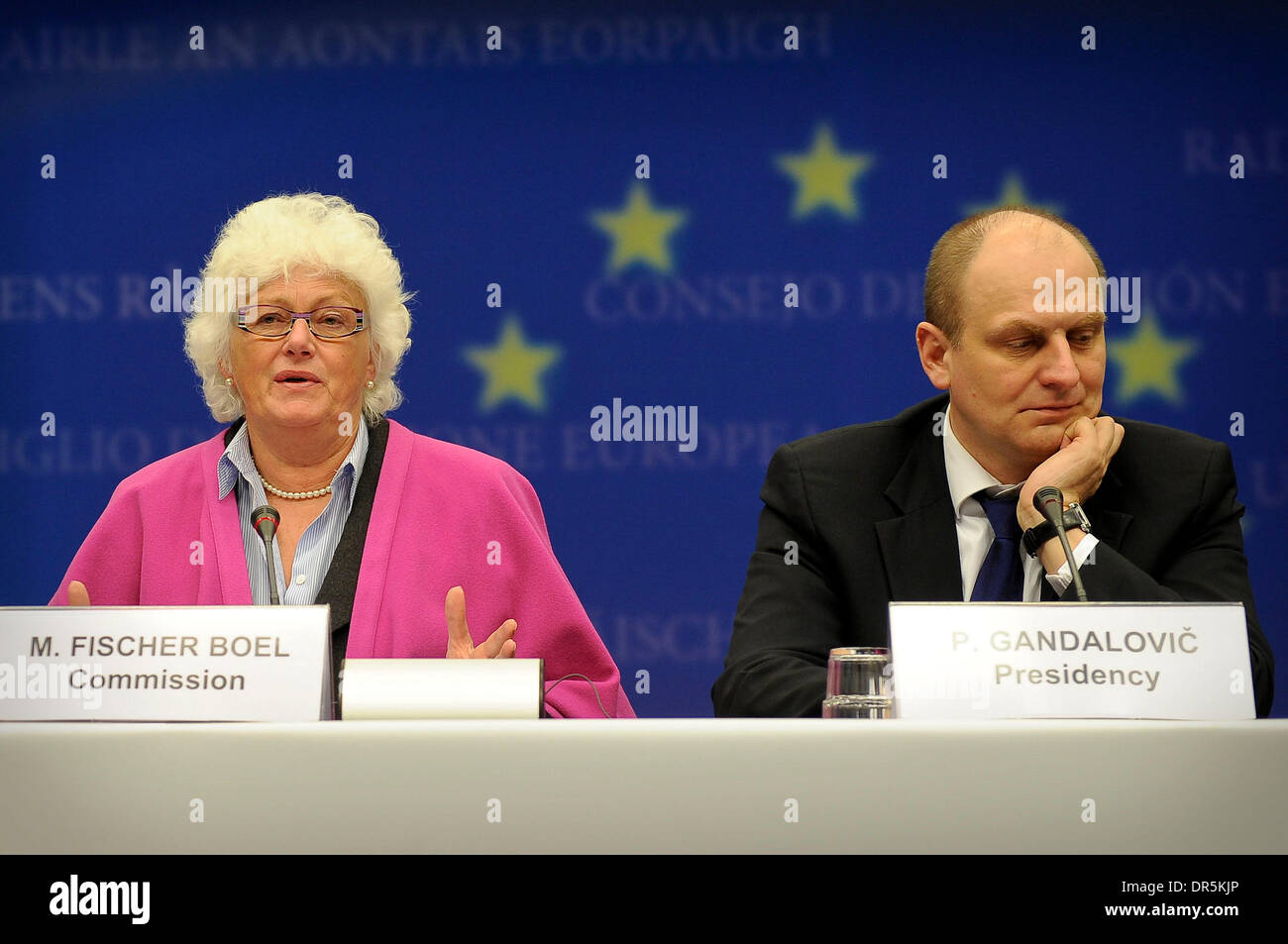 Mar 23, 2009 - Brussels, Belgium - European Commissioner for Agriculture and Rural Development MARIANN FISCHER BOEL (L) and Czech Chairman of the European agriculture ministers council PETR GANDALOVIC hold a press conference at the end of the European agriculture and fisheries ministers council in  Brussels, Belgium. (Credit Image: © Wiktor Dabkowski/ZUMA Press) Stock Photo