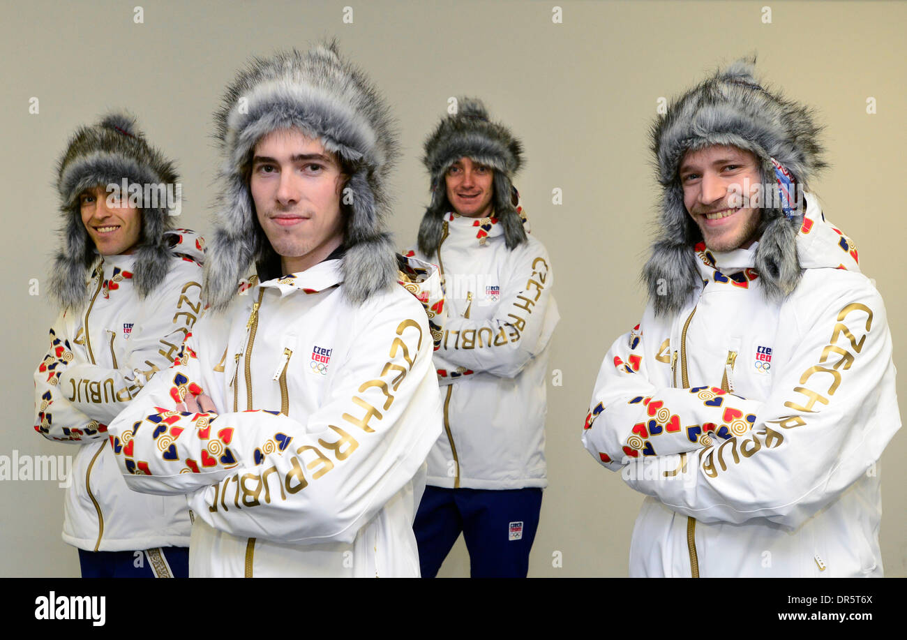 Czech ski jumpers (left to right) Jan Matura, Antonin Hajek, Lukas Hlava  and Roman Koudelka present new olympic suit for The Sochi Olympic Winter  Games 2014, Prague, Czech Republic on January 20,