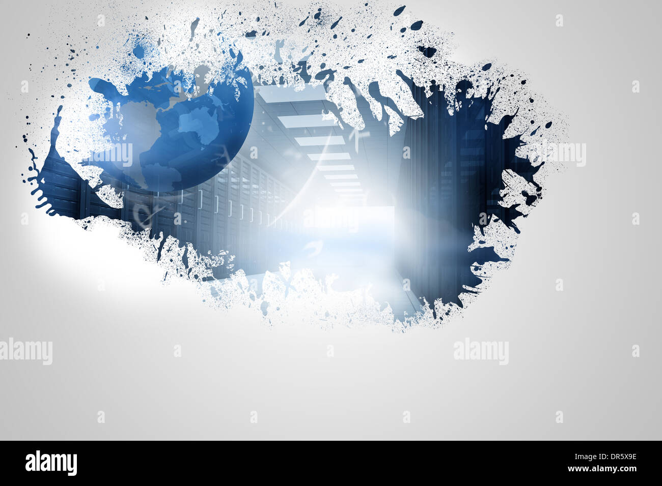 Splash on wall revealing earth in server hall Stock Photo