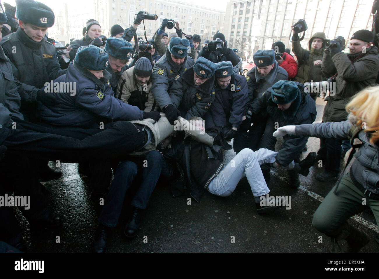 Jan 31, 2009 - Moscow, Russia - Russian police arrest a protester during an anti goverment rally in central Moscow. (Credit Image: © PhotoXpress/ZUMA Press) RESTRICTIONS: * North and South America Rights Only * Stock Photo