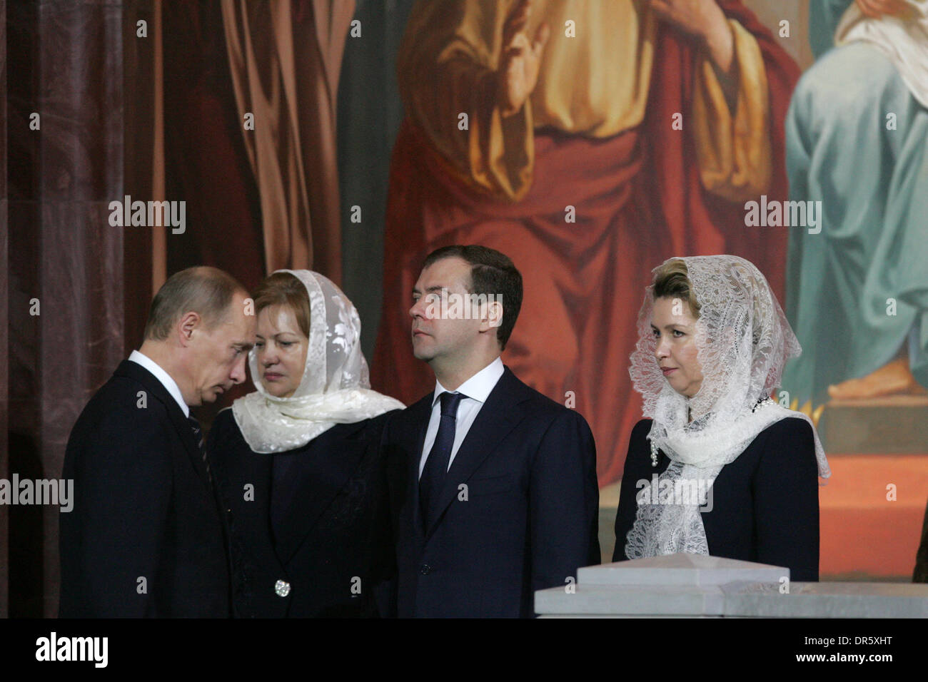 Feb 01, 2009 - Moscow, Russia - L-R Wife of Moldova President TAISIYA VORONINA, President DMITRY MEDVEDEV (C), his wife, SVETLANA MEDVEDEVA and Prime Minister VLADIMIR PUTIN (L) attend the enthronement ceremony of Patriarch Kirill of Moscow and All Russia, the 16th leader of the Russian Orthodox Church, at the Cathedral of Christ the Savior. (Credit Image: © PhotoXpress/ZUMA Press) Stock Photo