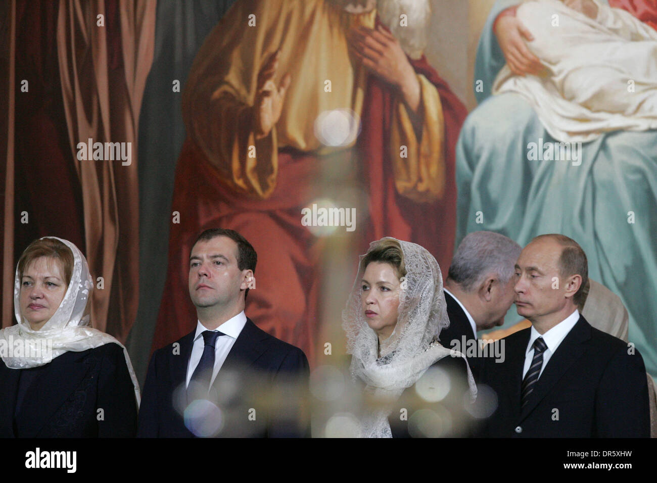 Feb 01, 2009 - Moscow, Russia - L-R Wife of Moldova President TAISIYA VORONINA, President DMITRY MEDVEDEV (C), his wife, SVETLANA MEDVEDEVA and Prime Minister VLADIMIR PUTIN (R) attend the enthronement ceremony of Patriarch Kirill of Moscow and All Russia, the 16th leader of the Russian Orthodox Church, at the Cathedral of Christ the Savior. (Credit Image: © PhotoXpress/ZUMA Press) Stock Photo