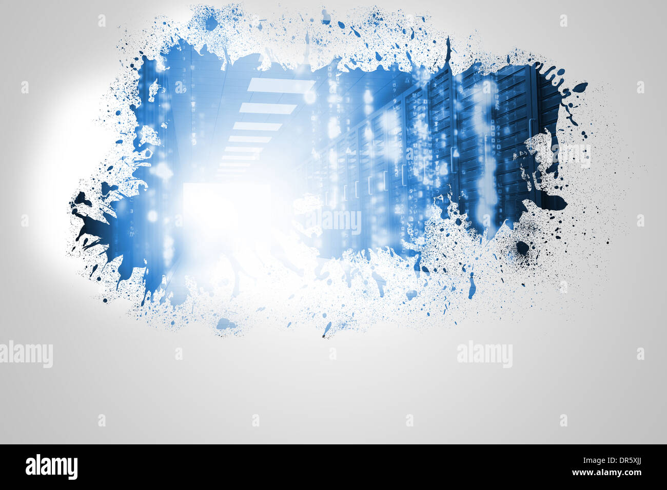 Splash on wall revealing server hall Stock Photo