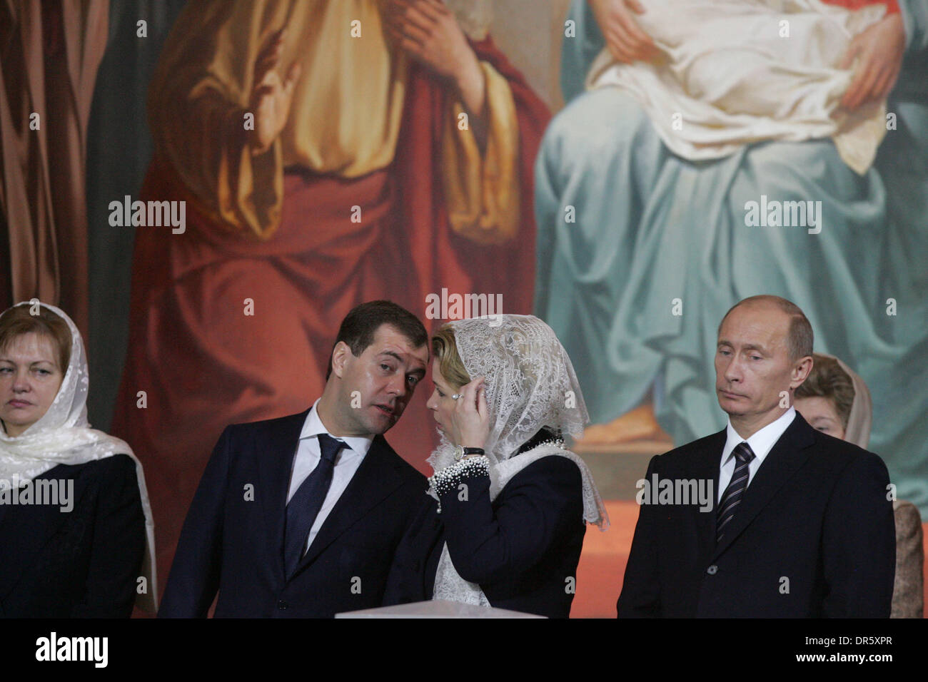 Feb 01, 2009 - Moscow, Russia - Wife of President of Moldova TAISIYA VORONINA (L), President DMITRY MEDVEDEV , his wife, SVETLANA MEDVEDEVA and Prime Minister VLADIMIR PUTIN (R) attending the enthronement ceremony of Patriarch Kirill of Moscow and All Russia, the 16th leader of the Russian Orthodox Church, at the Cathedral of Christ the Savior. (Credit Image: © PhotoXpress/ZUMA Pre Stock Photo