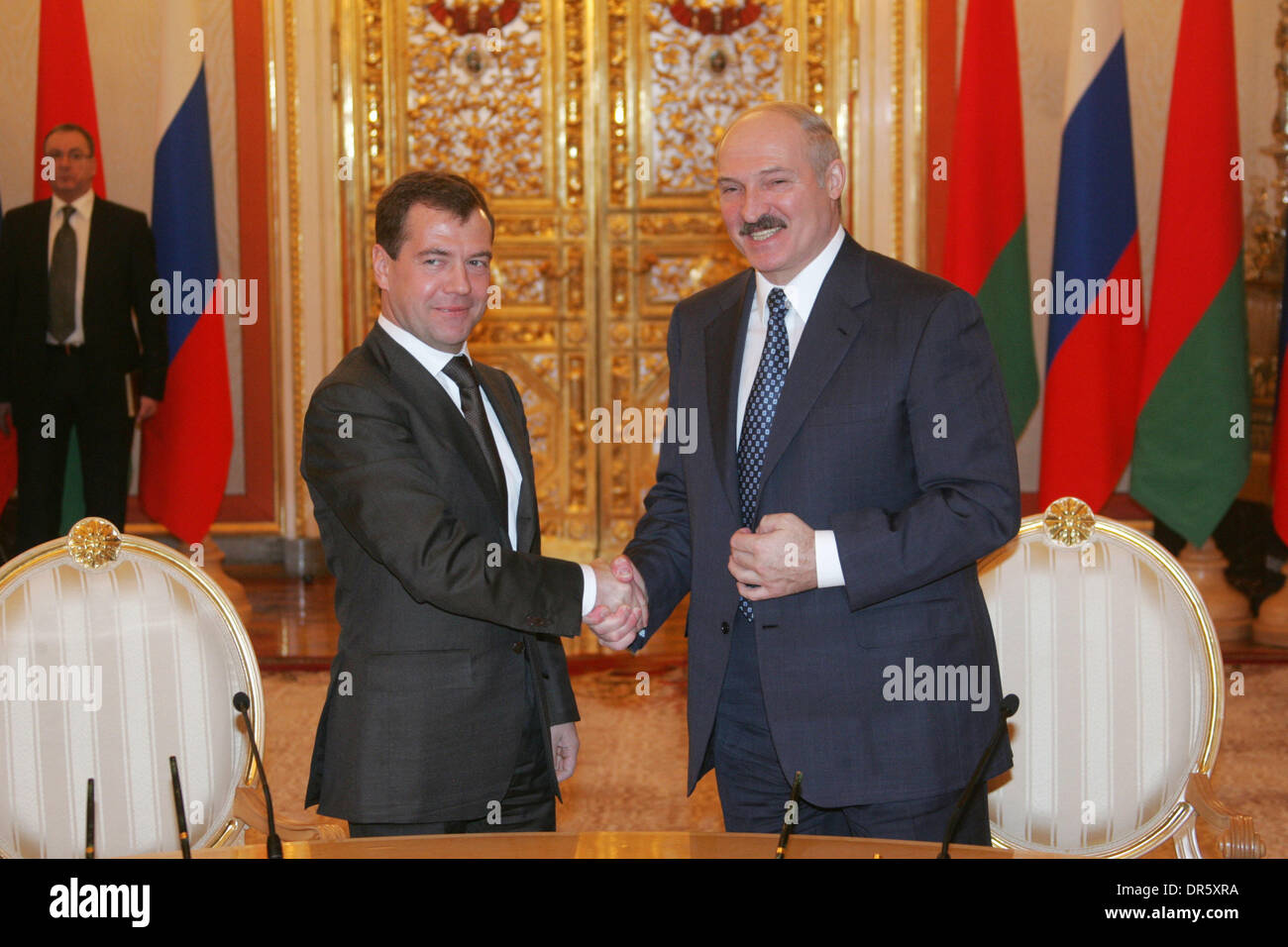 Feb 03, 2009 - Moscow, Russia - Russian President DMITRY MEDVEDEV (L) meets President of Belarus ALEXANDER LUKASHENKO in Moscow. Belarus is absolutely sincere in its policy towards Russia, said President of the Republic of Belarus, Chairman of the Supreme State Council of the Belarus-Russia Union State Alexander Lukashenko at his meeting with President Dmitry Medvedev in Moscow. (C Stock Photo