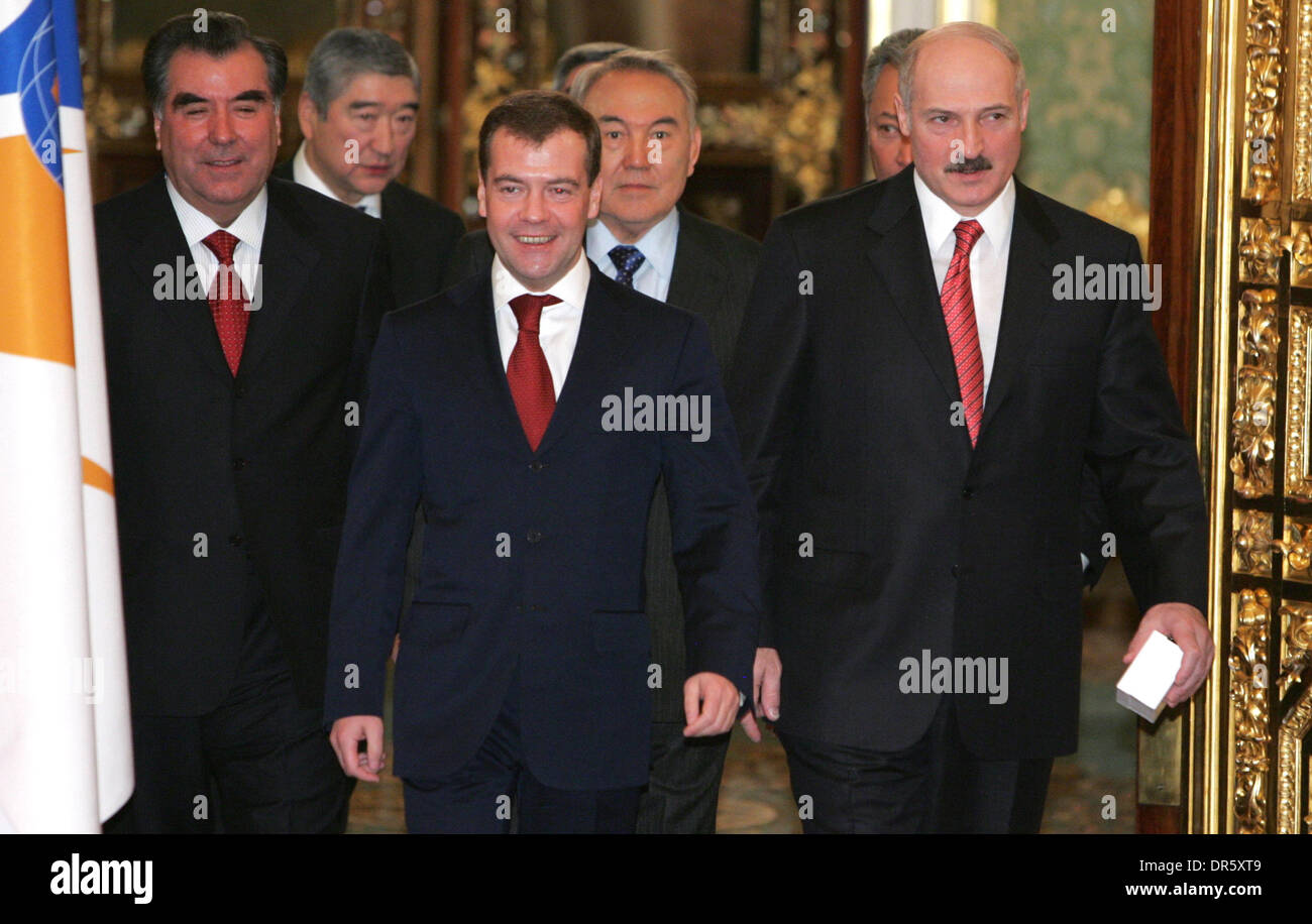 Feb 04, 2009 - Moscow, Russia - President of Belarus ALEXANDER LUKASHENKO (r), President of Russia DMITRY MEDVEDEV (c), President of Tajikistan EMOMALI RAKHMON (l), President of Kazakhstan NURSULTAN NAZARBAYEV (back) at Collective Security Treaty Organization Summit in Moscow. (Credit Image: © PhotoXpress/ZUMA Press) RESTRICTIONS: * North and South America Rights Only * Stock Photo