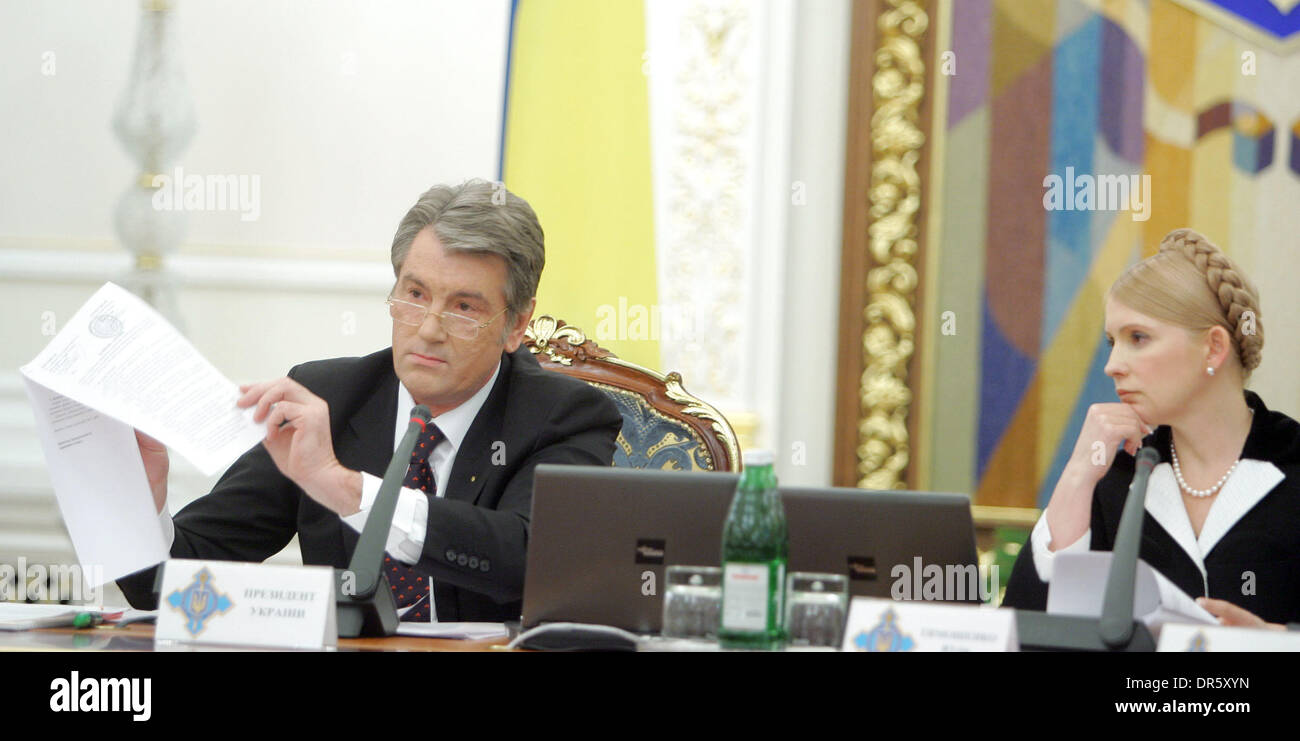 Feb 10, 2009 - Kiev, Ukraine - Ukrainian President Viktor Yushchenko accuses his political rival Prime Minister Yulia Tymoshenko for signing a disadvantageous gas import deal with Russia and secretly agreeing to emergency credits from the Kremlin. Yushchenko said at a security council meeting that Ukraine may be unable to pay back the loan Tymoshenko is seeking and have to cede con Stock Photo