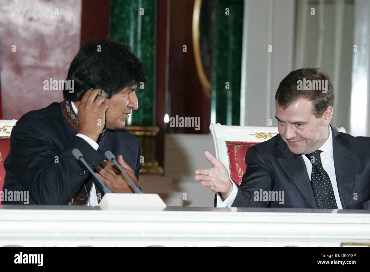 Feb 16, 2009 - Moscow, Russia - President of Bolivia Evo Morales visits Moscow. Pictured: President of Bolivia EVO MORALES (L) at the meeting with President of Russia DMITRY MEDVEDEV (R) in Kremlin. (Credit Image: © PhotoXpress/ZUMA Press) RESTRICTIONS: * North and South America Rights Only * Stock Photo