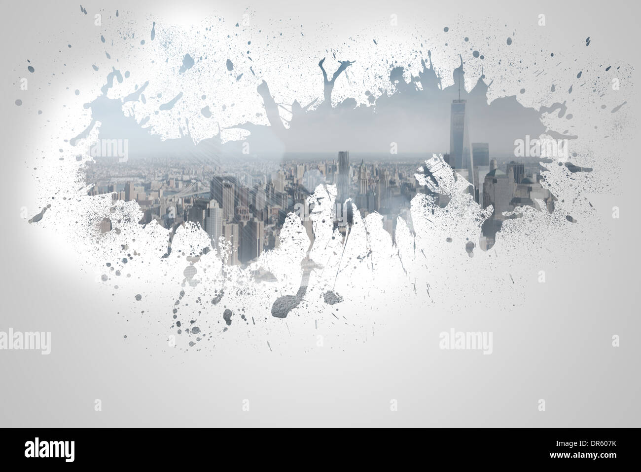 Splash on wall revealing cityscape Stock Photo