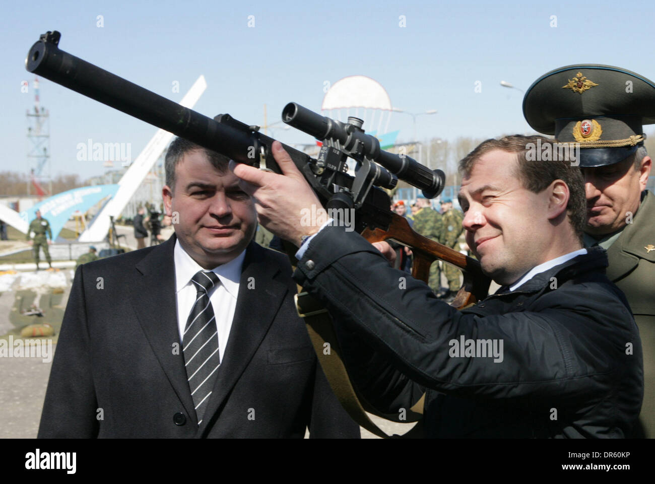 Apr 22, 2009 - Ryazan, Russia - President of Russia DMITRY MEDVEDEV checks out a sniper rifle while Russian Defense Minister ANATOLY SERDYUKOV (L) look on during a visit to Ryazan paratrooper military academy. (Credit Image: © PhotoXpress/ZUMA Press) Stock Photo