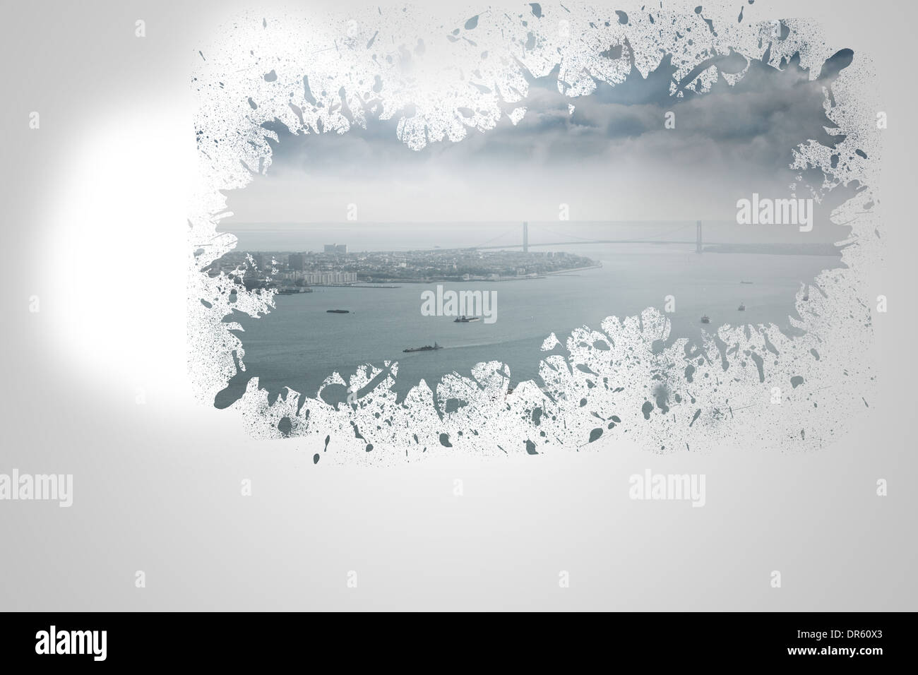 Splash on wall revealing cityscape Stock Photo
