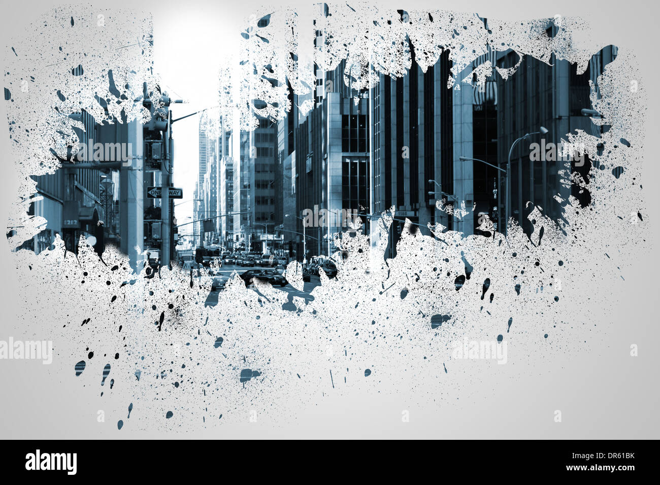 Splash on wall revealing cityscape Stock Photo